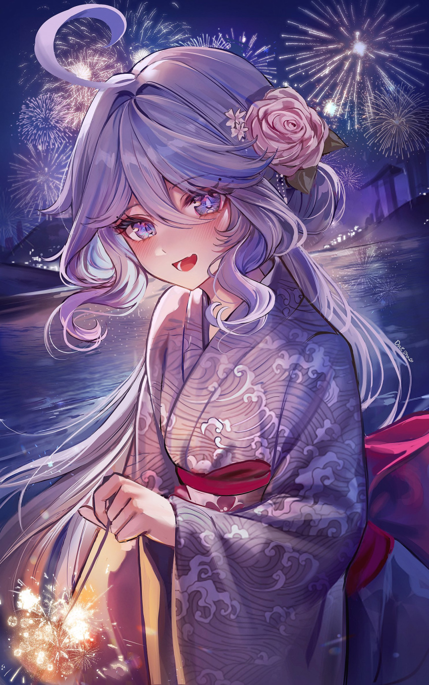 1girl ahoge alternate_costume blue_eyes blue_hair blush dasha fireworks flower furina_(genshin_impact) genshin_impact hair_between_eyes hair_flower hair_ornament highres japanese_clothes kimono lake light_blue_hair long_hair looking_at_viewer lower_teeth_only multicolored_hair night night_sky open_mouth outdoors sidelocks sky smile solo standing streaked_hair teeth two-tone_hair water wide_sleeves