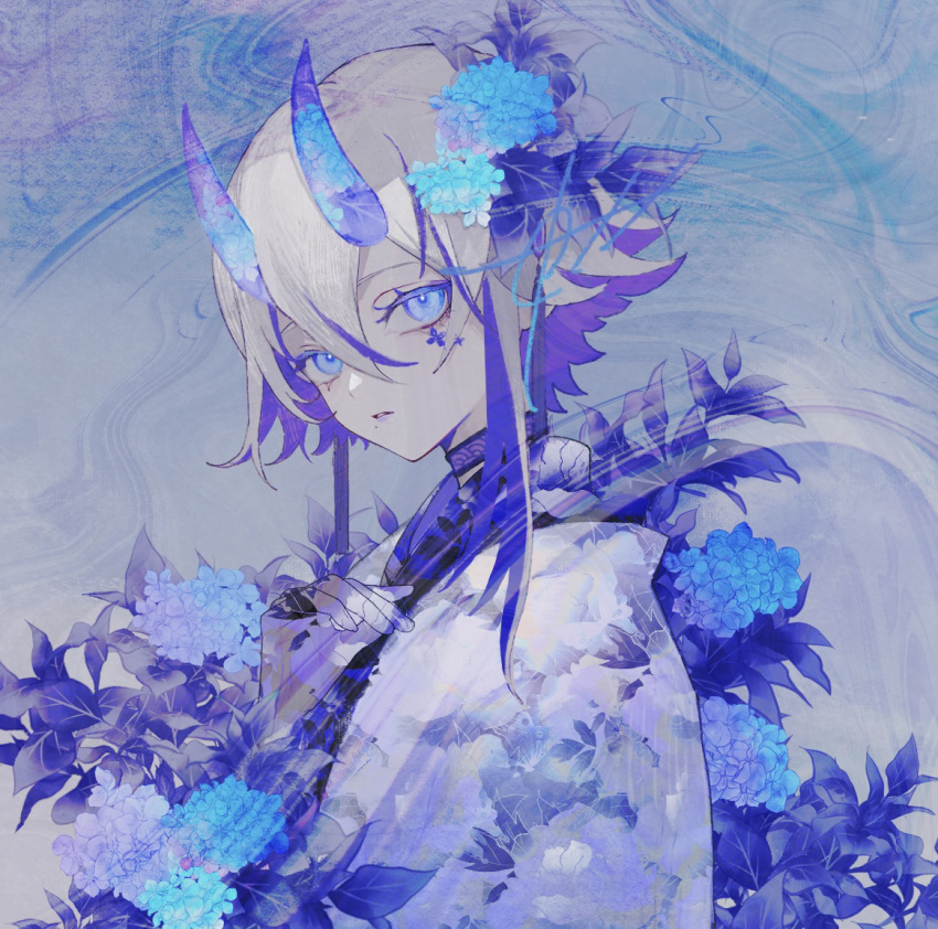1girl blue_eyes blue_flower blue_horns blue_leaf blue_theme choker demon_horns eyelashes facial_mark facial_tattoo floral_print_kimono flower flower_tattoo from_side gradient_background gradient_kimono grey_hair hair_between_eyes hair_flower hair_ornament ham_melon_(iloha_24) horns hydrangea japanese_clothes kimono leaf looking_at_viewer looking_to_the_side mole mole_under_mouth oni oni_horns original pale_skin parted_lips purple_kimono purple_lips signature simple_background solo tattoo upper_body