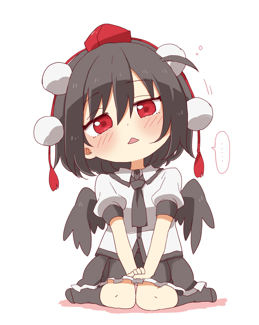 ... 1girl :&lt; absurdres black_hair black_necktie black_skirt black_socks black_wings blush chibi collared_shirt colored_shadow commentary_request dress_shirt feathered_wings frilled_skirt frills full_body hair_between_eyes hands_on_lap hat head_tilt highres looking_at_viewer mini_hat necktie no_shoes open_mouth own_hands_together pleated_skirt puffy_short_sleeves puffy_sleeves red_eyes red_headwear shadow shameimaru_aya shirt short_sleeves simple_background sitting skirt socks solo spoken_ellipsis tokin_hat totoharu_(kujirai_minato) touhou triangle_mouth wariza white_background white_shirt wings