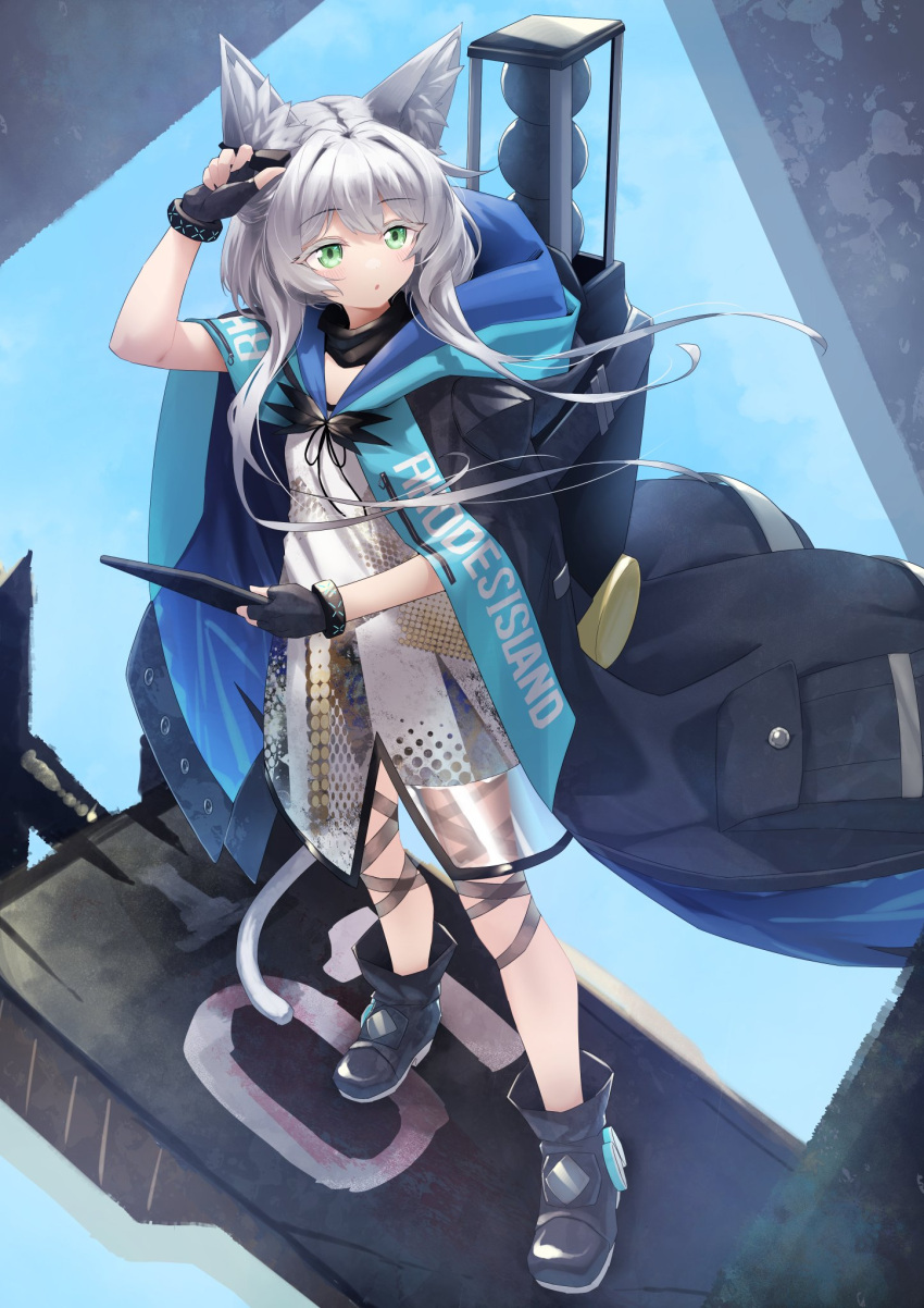 1girl :o animal_ear_fluff animal_ears arknights backpack bag black_bracelet black_cape black_footwear black_gloves blue_sky boots cape cat_ears cat_girl cat_tail clothes_writing dress earpiece fingerless_gloves gloves green_eyes grey_hair hand_up highres holding holding_tablet_pc hood hood_down hooded_cape infection_monitor_(arknights) long_hair n4gare_b0shi outdoors rosmontis_(arknights) see-through sky solo standing tablet_pc tail white_dress