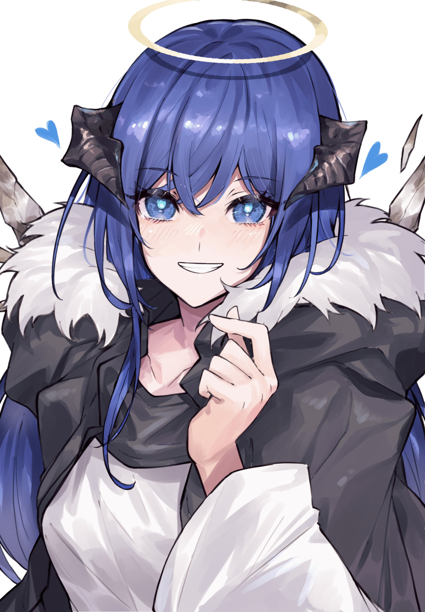 1girl arknights black_jacket blue_eyes blue_hair blue_heart brothercoral demon_horns detached_wings energy_wings finger_heart fur-trimmed_jacket fur_trim grin hair_between_eyes halo highres horns jacket long_hair looking_at_viewer mostima_(arknights) open_clothes open_jacket shirt simple_background smile solo upper_body white_background white_shirt wings