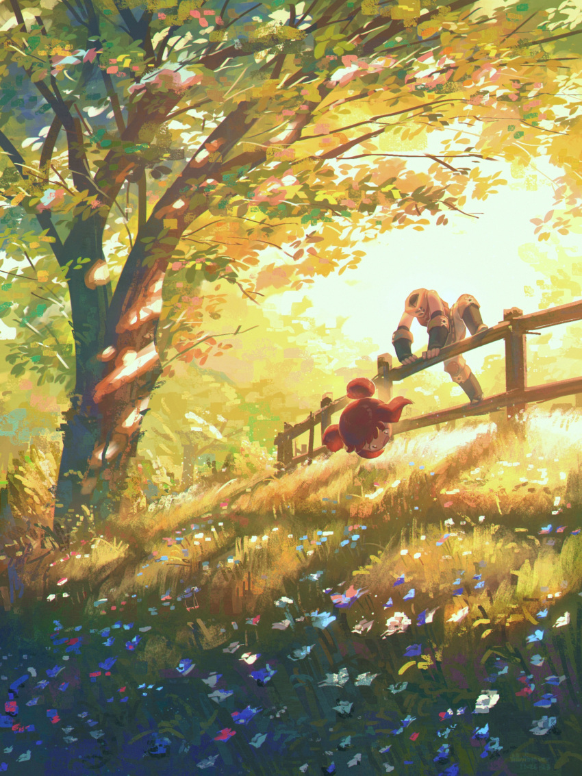 1girl absurdres climbing disembodied_head dullahan enne_(porforever) fantasy fence field fingerless_gloves flower flower_field gloves headless highres leaf original porforever red_eyes redhead solo sunlight tree twintails wooden_fence