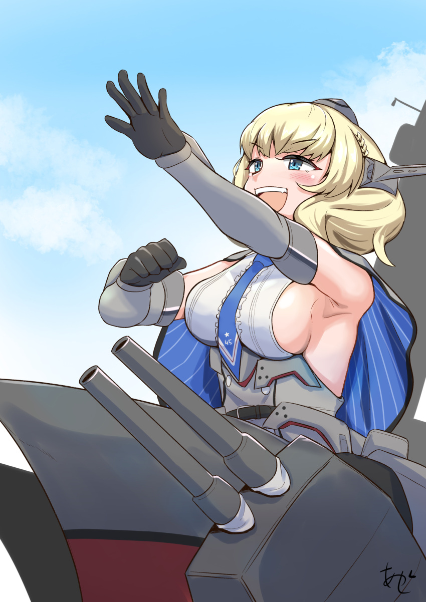 1girl akashieru blonde_hair blue_eyes blue_necktie blue_sky braid breasts cannon capelet clouds cloudy_sky colorado_(kancolle) day dress elbow_gloves garrison_cap gloves grey_capelet grey_dress grey_gloves grey_headwear hat headgear highres kantai_collection large_breasts lattice_mast machinery necktie open_mouth pleated_dress rigging shirt short_hair side_braids sideboob sideless_shirt signature sky sleeveless smokestack turret white_shirt