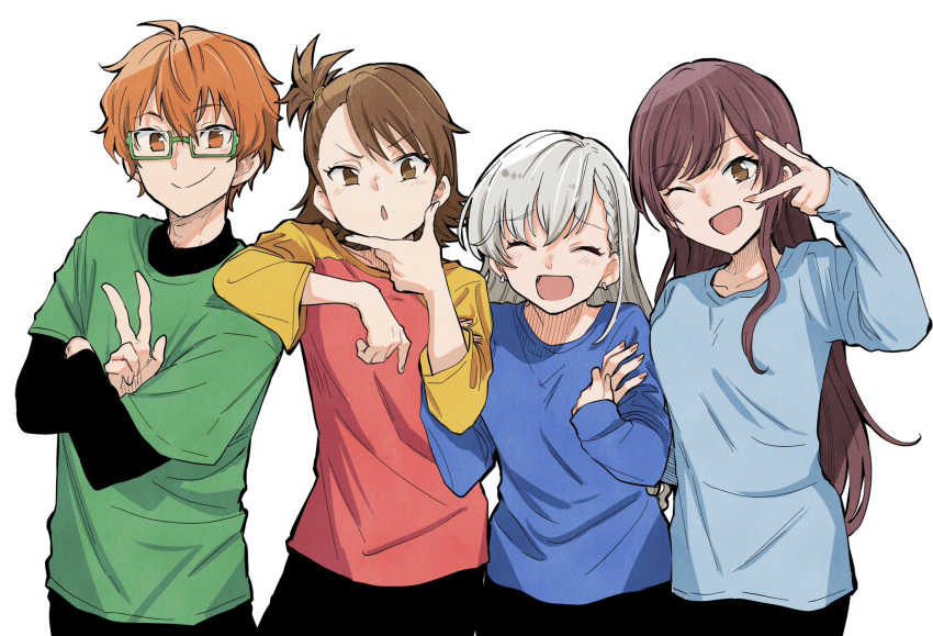 1boy 3girls aoi_kyosuke arm_on_shoulder asymmetrical_bangs asymmetrical_hair black_pants blue_shirt braid breasts brown_eyes brown_hair closed_eyes closed_mouth cowboy_shot earrings fingernails futami_ami glasses green-framed_eyewear green_shirt grey_hair hair_between_eyes hand_on_own_chin hands_up height_difference high_side_ponytail highres hisakawa_hayate holding holding_another's_arm holding_another's_wrist idolmaster idolmaster_(classic) idolmaster_cinderella_girls idolmaster_shiny_colors idolmaster_side-m in-franchise_crossover jewelry kyouno long_hair long_sleeves looking_at_viewer medium_hair miroir_(idolmaster) multicolored_clothes multiple_girls one_eye_closed open_mouth orange_eyes orange_hair osaki_amana pants pink_nails shirt siblings side_ponytail sidelocks simple_background smile standing straight-on straight_hair swept_bangs trait_connection twins v w_(idolmaster) white_background