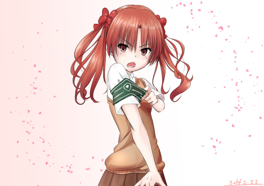 1girl armband bare_shoulders brown_eyes brown_hair brown_skirt brown_sweater brown_sweater_vest brown_vest cherry_blossoms commentary dated emblem green_armband hair_between_eyes hand_up highres long_hair looking_at_viewer lower_teeth_only mu-_(tel445566) open_mouth pink_background pleated_skirt school_uniform shirai_kuroko shirt short_sleeves skirt sleeveless sleeveless_sweater solo summer_uniform sweater sweater_vest teeth toaru_kagaku_no_railgun toaru_majutsu_no_index tokiwadai_school_uniform twintails upper_body v-shaped_eyebrows vest white_shirt
