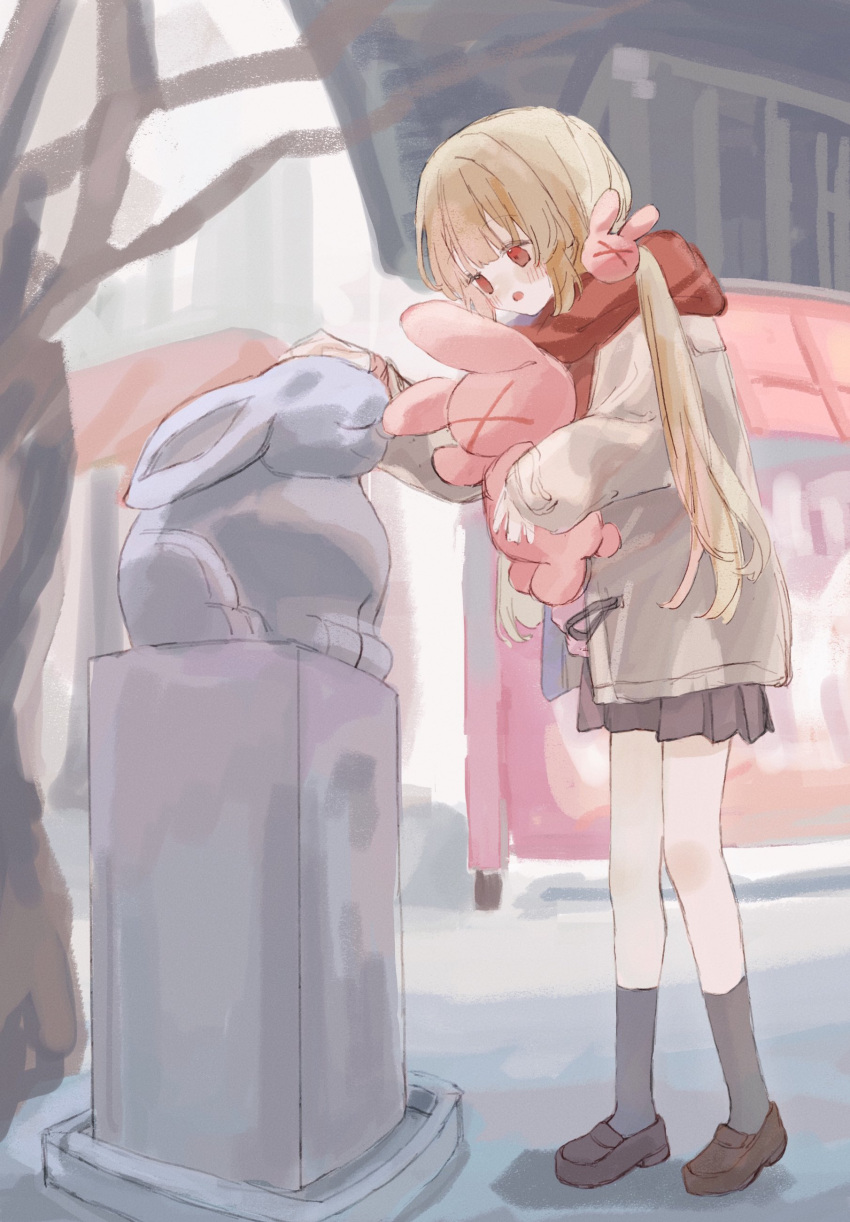 1girl absurdres bare_tree black_skirt black_socks blonde_hair blush brown_coat brown_footwear chimoshi_(hitsuji_tonakai) coat full_body highres holding holding_stuffed_toy kneehighs loafers long_hair long_sleeves natori_sana new_year open_mouth outdoors petting pleated_skirt red_eyes red_scarf road sana_channel scarf shoes skirt socks solo standing statue street stuffed_animal stuffed_rabbit stuffed_toy tree virtual_youtuber winter winter_clothes