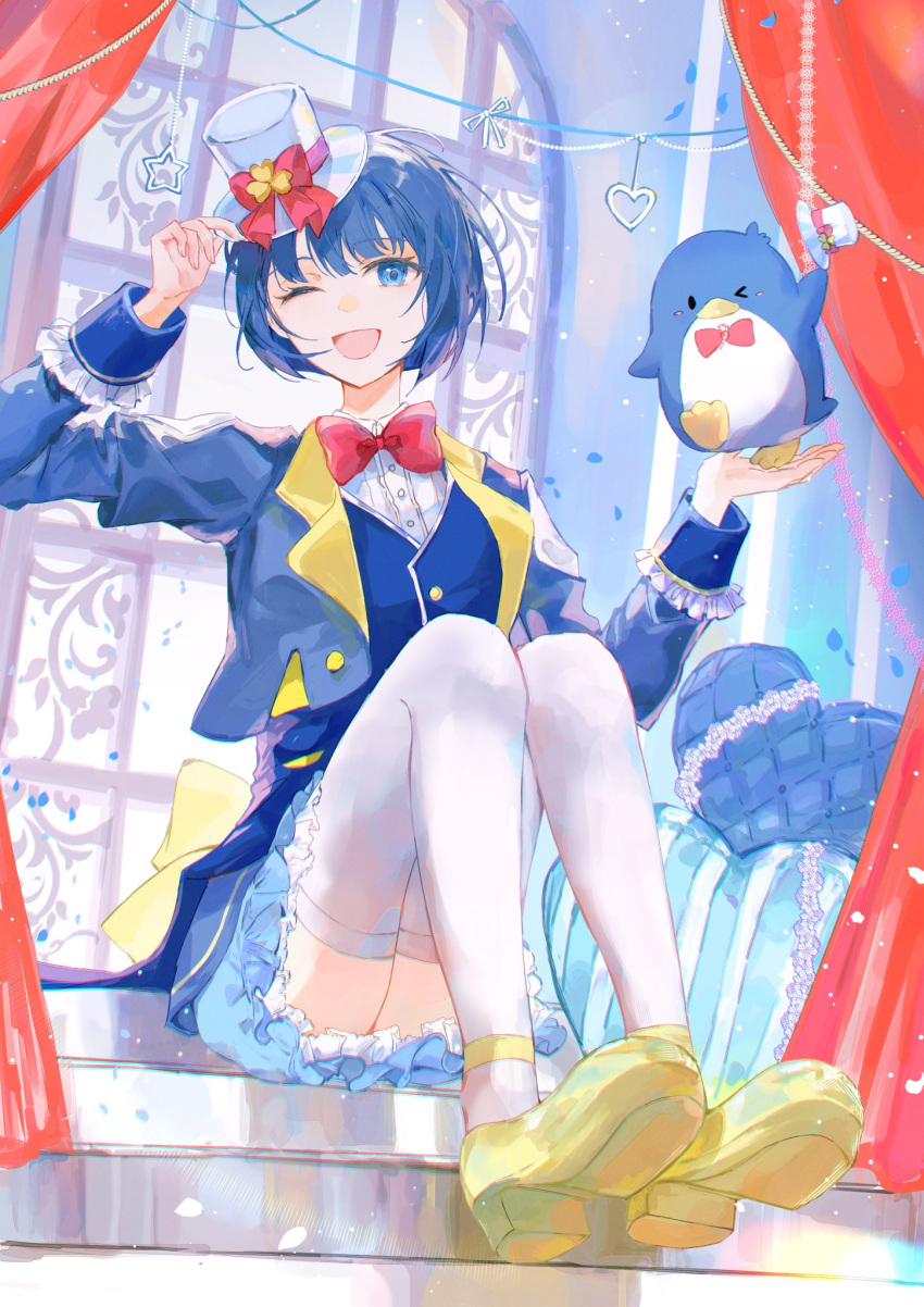 1girl bird bird_on_hand blue_hair blue_jacket blue_skirt blue_vest blunt_bangs bow commentary cropped_jacket curtains hat heart heart_pillow highres jacket kiritani_haruka kouri_2x lace-trimmed_skirt lace_trim mini_hat mini_top_hat one_eye_closed open_mouth pillow project_sekai red_bow rope sanrio short_hair sidelocks sitting skirt smile top_hat tuxedo_sam vest white_headwear yellow_bow yellow_footwear