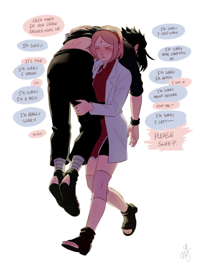 1boy 1girl black_hair black_wristband blush carrying carrying_over_shoulder carrying_person ceejles closed_eyes commentary english_commentary english_text facial_mark forehead_mark forehead_protector frown hairband haruno_sakura hetero highres husband_and_wife lab_coat naruto:_the_last naruto_(series) pink_hair red_hairband toeless_footwear uchiha_sasuke