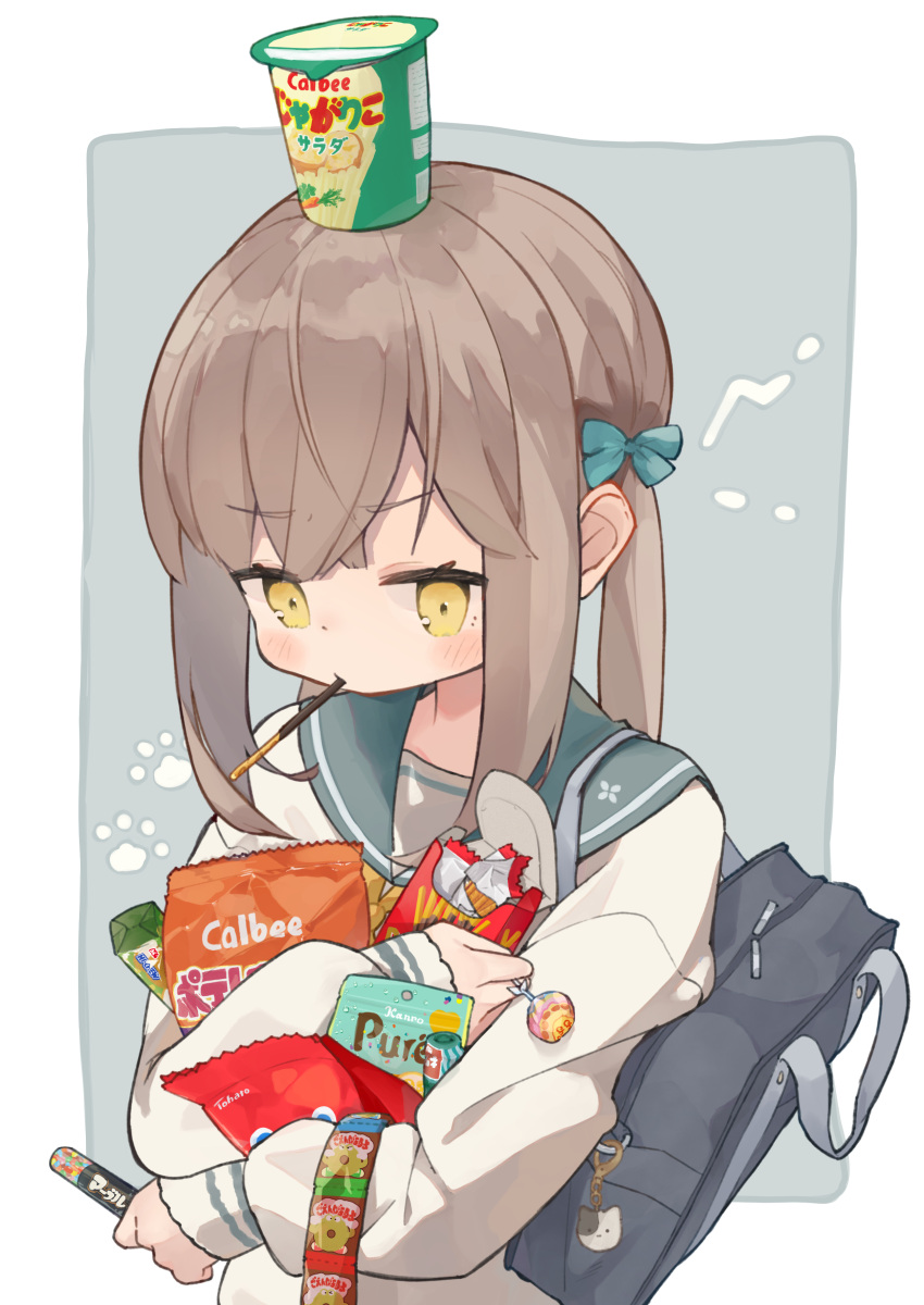 1girl absurdres animal_keychain bag blue_bow blush bow brown_hair candy cup_on_head food food_in_mouth hair_bow highres holding_snack keychain lollipop long_hair long_sleeves original pocky pocky_in_mouth ramen school_bag school_uniform serafuku shirt snack solo upper_body ure_58n white_shirt yellow_eyes