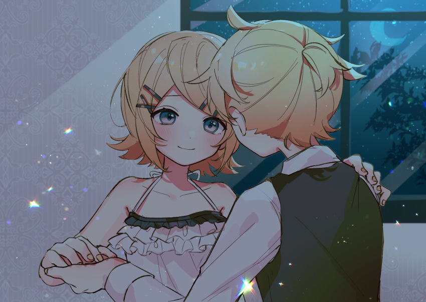 1boy 1girl ahoge bare_shoulders blonde_hair blue_eyes brother_and_sister camisole collared_shirt crescent_moon dancing foliage frilled_camisole frills good_twins_day hair_ornament hairclip hand_on_another's_shoulder highres holding_hands kagamine_len kagamine_rin light_blush light_particles moon night night_sky off_shoulder sazanami_(ripple1996) shirt short_hair short_ponytail siblings silhouette sky sleeveless sleeveless_jacket smile spaghetti_strap sparkle star_(sky) starry_sky swept_bangs tree twins vocaloid waltz_(dance) wavy_hair white_camisole white_shirt window