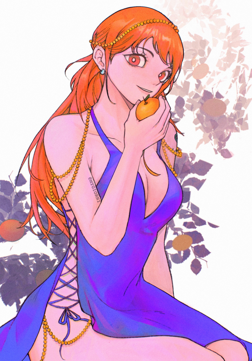 1girl artist_name bare_shoulders commentary dress earrings food fruit highres holding holding_food holding_fruit jewelry long_hair looking_at_viewer mandarin_orange mygiorni nami_(one_piece) one_piece orange_eyes orange_hair smile solo