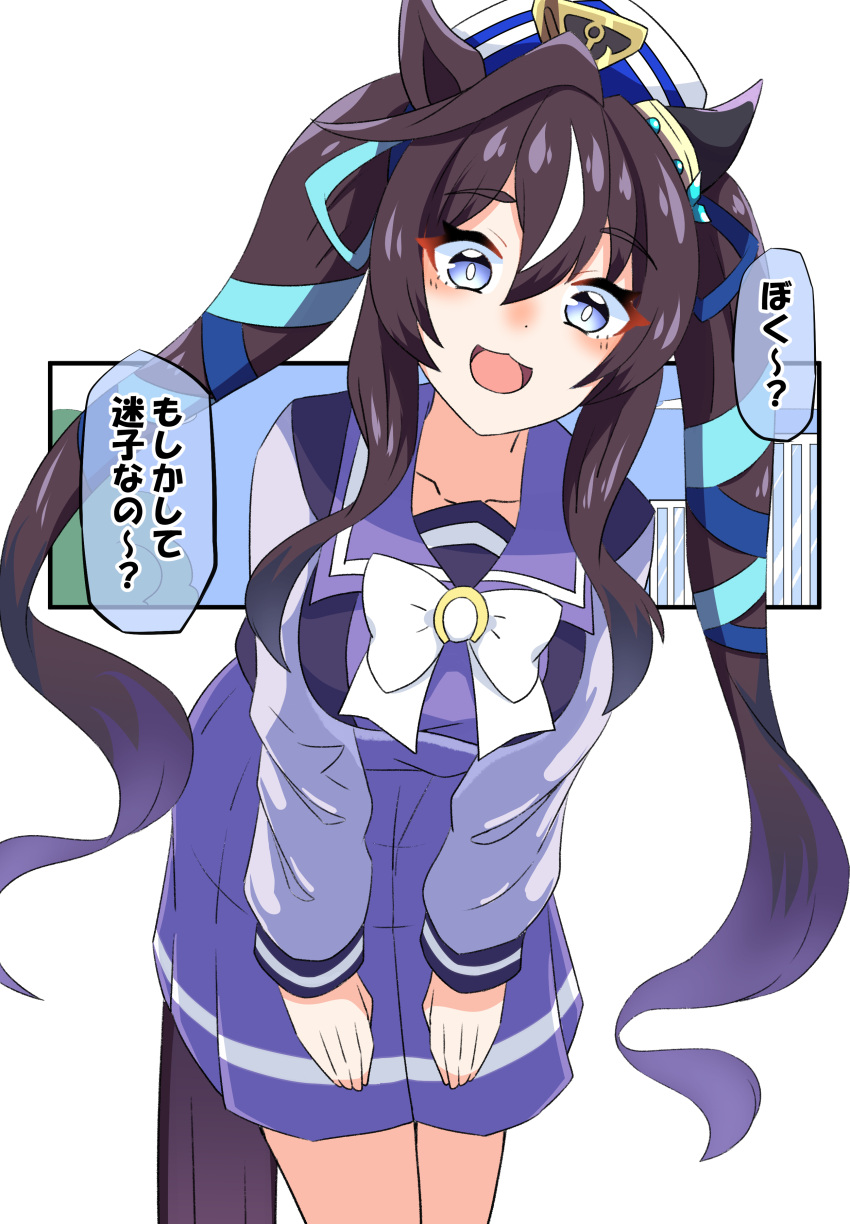 1girl absurdres akkunz animal_ears black_hair blue_eyes blush breasts collarbone hair_between_eyes hair_ornament highres horse_ears horse_tail looking_at_viewer medium_breasts open_mouth ribbon school_uniform solo tail tracen_school_uniform translation_request twintails umamusume vivlos_(umamusume) white_background