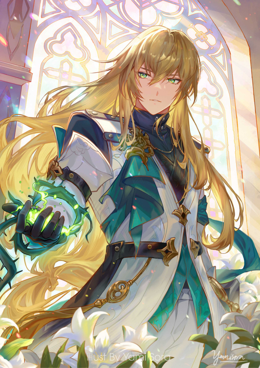 1boy absurdres aqua_vest armband black_gloves black_shirt blonde_hair brooch chinnpou coat cowboy_shot flower gloves green_eyes hair_between_eyes highres honkai:_star_rail honkai_(series) jewelry light_particles light_rays lily_(flower) long_hair long_sleeves looking_at_viewer low-tied_long_hair luocha_(honkai:_star_rail) magic male_focus outstretched_hand pants parted_lips plant shirt solo stained_glass standing thorns turtleneck vest vines white_coat white_flower white_pants yaopei