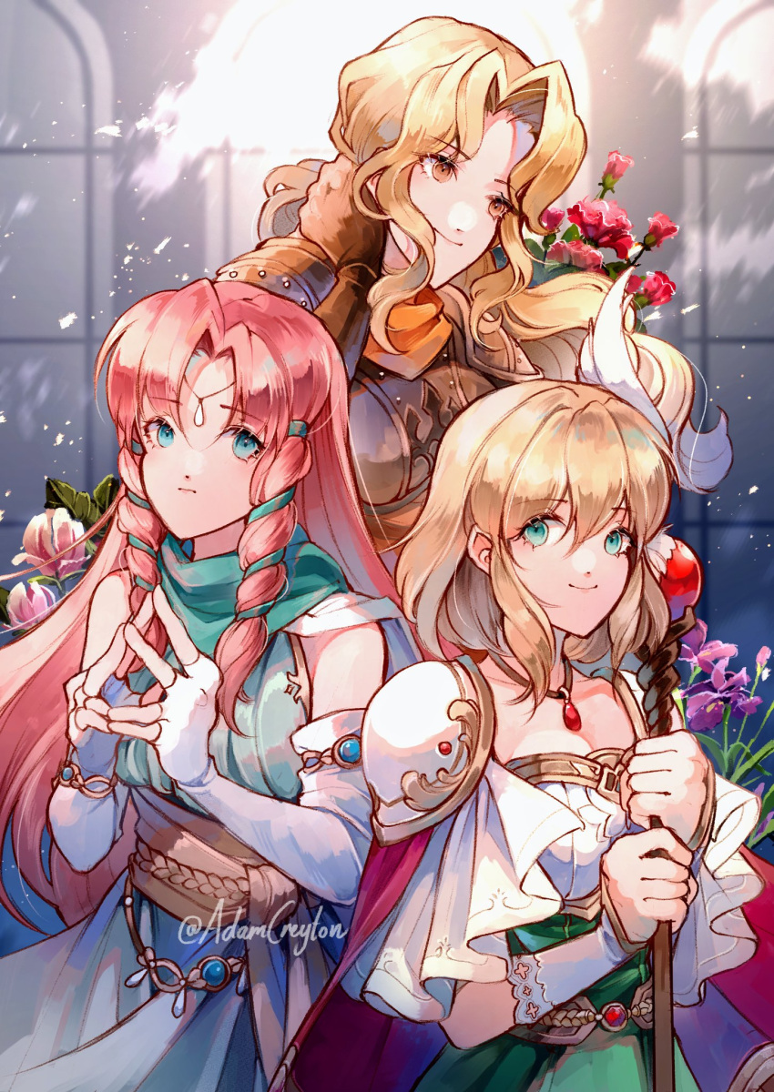 3girls armor blonde_hair blue_eyes brigid_(fire_emblem) brown_gloves circlet closed_mouth creyton dress eyvel feather_hair_ornament feathers fingerless_gloves fire_emblem fire_emblem:_genealogy_of_the_holy_war fire_emblem:_thracia_776 gloves green_eyes hair_ornament highres holding holding_staff jewelry linoan_(fire_emblem) long_hair looking_at_viewer looking_to_the_side multiple_girls nanna_(fire_emblem) necklace orange_eyes pink_hair short_hair shoulder_armor staff wavy_hair white_gloves