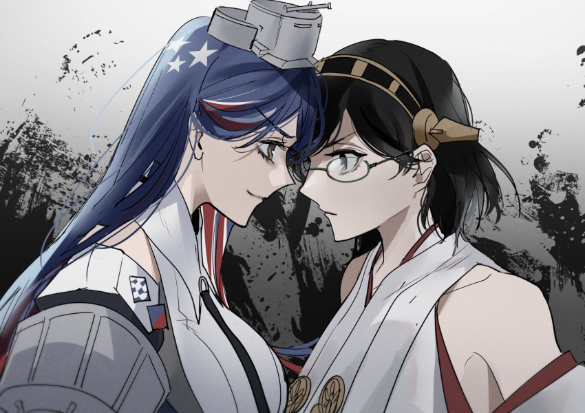 2girls black_hair black_necktie blue_hair breasts closed_mouth detached_sleeves eye_contact forehead-to-forehead glasses headgear heads_together highres ichimonme_(ichi) jacket japanese_clothes kantai_collection kirishima_(kancolle) long_hair looking_at_another multicolored_hair multiple_girls necktie nontraditional_miko open_clothes open_jacket redhead shirt short_hair simple_background sleeveless sleeveless_shirt south_dakota_(kancolle) star_(symbol) upper_body white_hair white_shirt