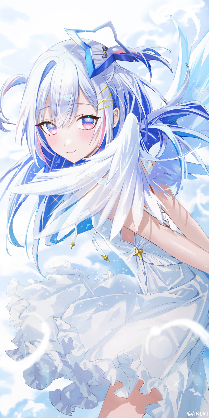 1girl amane_kanata bare_arms bare_shoulders blue_hair closed_mouth clouds commentary_request dress feathered_wings frilled_dress frills from_side grey_hair hair_between_eyes hair_intakes hair_ornament hairclip haruri highres hololive long_hair looking_at_viewer looking_to_the_side multicolored_hair red_eyes signature sleeveless sleeveless_dress smile solo two-tone_hair two_side_up very_long_hair virtual_youtuber white_dress white_wings wings x_hair_ornament