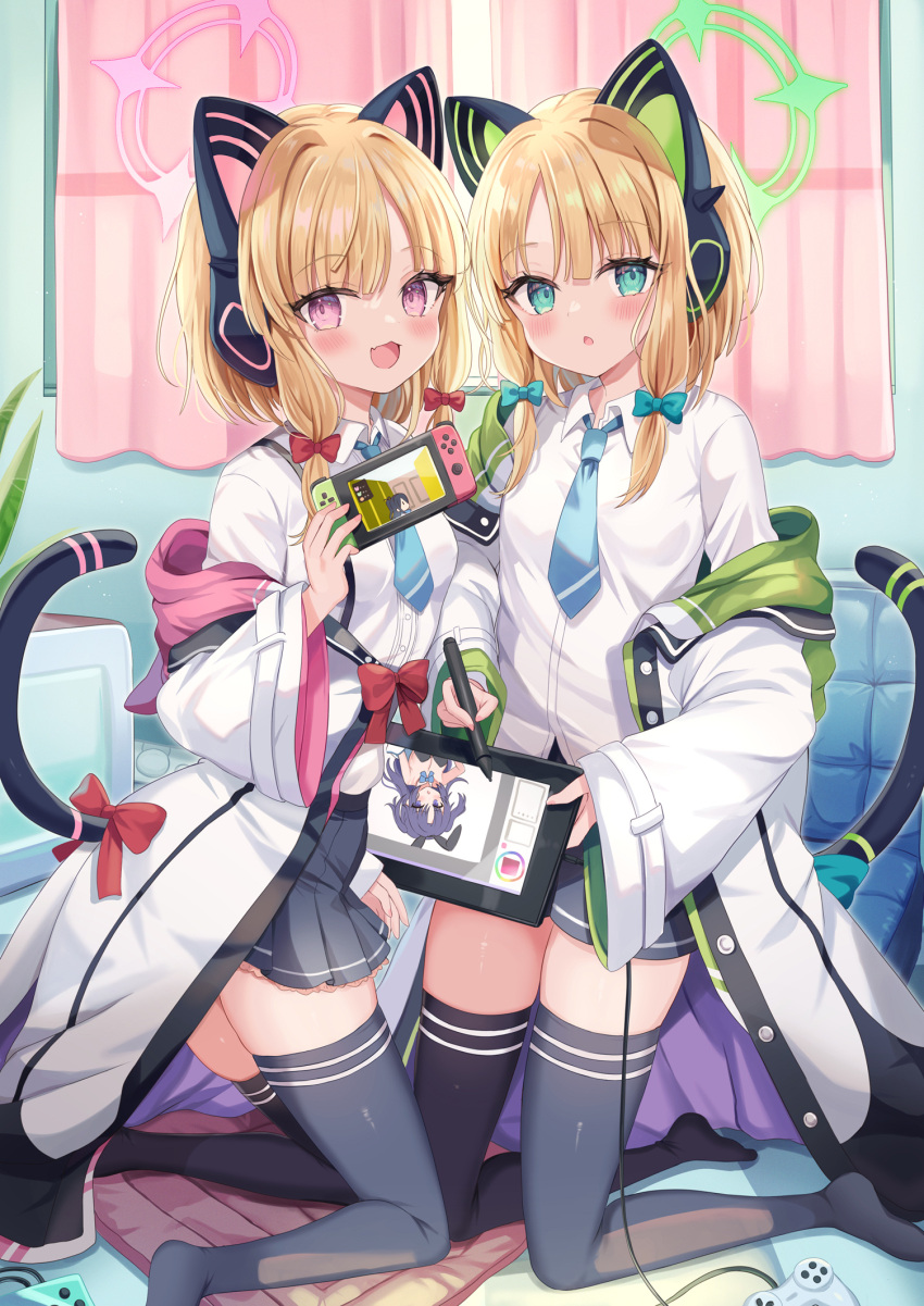 2girls animal_ear_headphones animal_ears aris_(blue_archive) blonde_hair blue_archive blush cat_ear_headphones cat_tail chestnut_mouth fake_animal_ears fake_tail fang halo handheld_game_console headphones highres holding holding_handheld_game_console jacket kneeling midori_(blue_archive) momoi_(blue_archive) multiple_girls necktie nintendo_switch off_shoulder open_clothes open_jacket retsuto school_uniform shirt siblings stylus tablet_pc tail thigh-highs thighs twins white_shirt yuuka_(blue_archive) zettai_ryouiki
