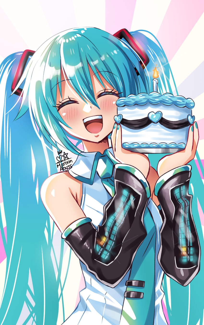 1girl aqua_hair aqua_nails aqua_necktie birthday_cake blush cake candle closed_eyes detached_sleeves food grey_shirt hair_ornament hatsune_miku headphones headset highres holding holding_cake holding_food long_hair looking_at_viewer maroonabyss necktie open_mouth shirt smile solo teeth twintails upper_body upper_teeth_only very_long_hair vocaloid
