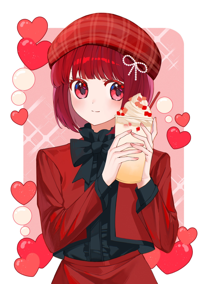 absurdres arima_kana beret bob_cut closed_mouth cup hat hat_ribbon heart highres holding holding_cup inverted_bob oshi_no_ko pink_background red_eyes red_headwear red_shirt red_skirt redhead ribbon shirt short_hair skirt smile solo xiang_yu_pai