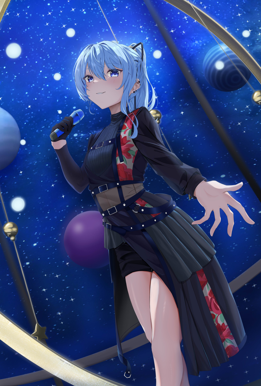 1girl absurdres belt black_belt black_shirt black_shorts black_skirt blue_eyes blue_hair blue_theme ear_piercing floral_print gloves grin high_ponytail highres holding holding_microphone hololive hoshimachi_suisei hoshimachi_suisei_(shout_in_crisis) long_sleeves microphone night night_sky official_alternate_costume official_alternate_hairstyle open_hand parted_lips piercing planet rose_print shirt short_shorts shorts single_glove skirt sky smile solo star_(symbol) star_in_eye symbol_in_eye tokiyanagi virtual_youtuber