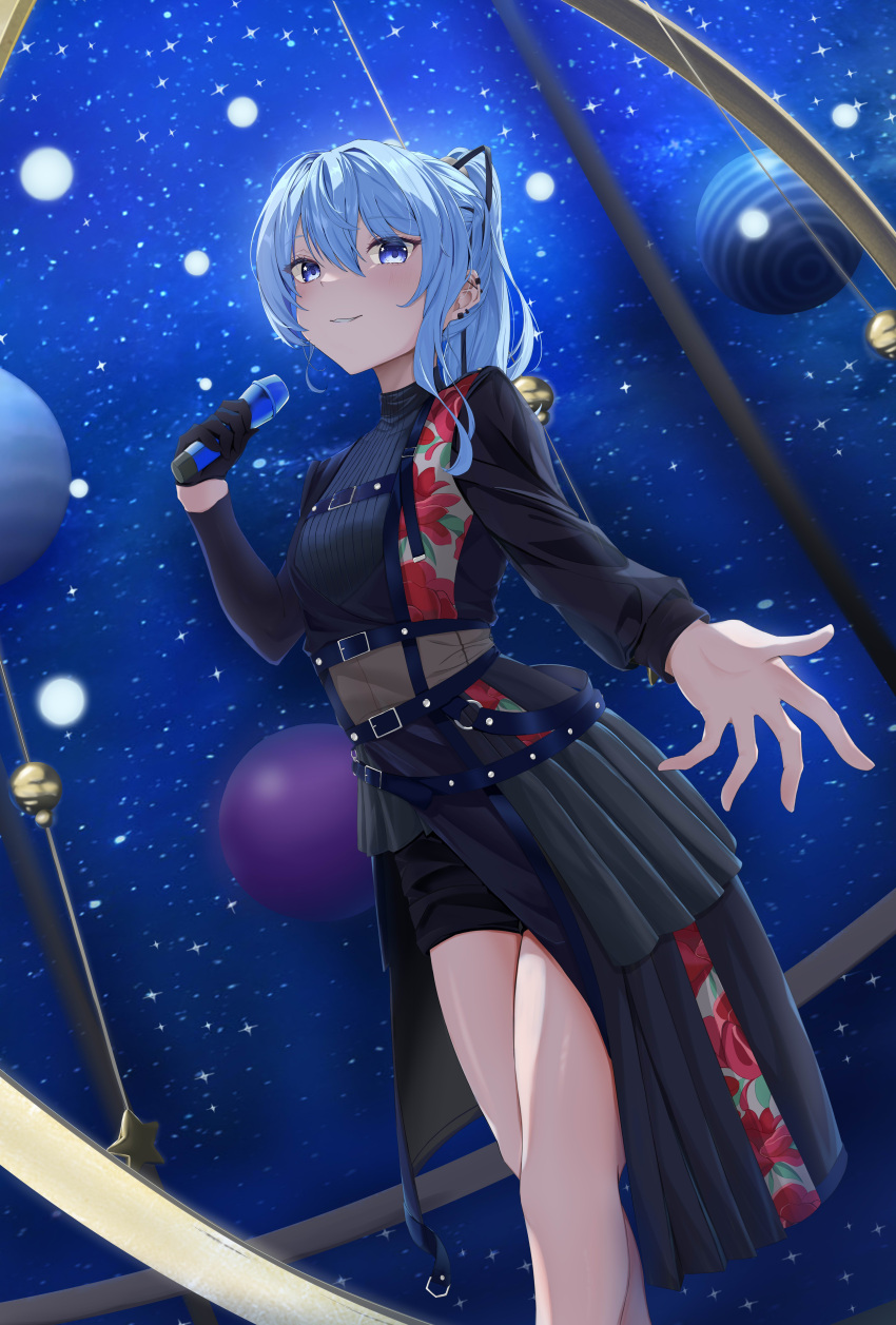 1girl absurdres belt black_belt black_shirt black_shorts black_skirt blue_eyes blue_hair blue_theme ear_piercing floral_print gloves grin high_ponytail highres holding holding_microphone hololive hoshimachi_suisei hoshimachi_suisei_(shout_in_crisis) long_sleeves microphone night night_sky official_alternate_costume official_alternate_hairstyle open_hand parted_lips piercing planet revision rose_print shirt short_shorts shorts single_glove skirt sky smile solo star_(symbol) star_in_eye symbol_in_eye tokiyanagi virtual_youtuber