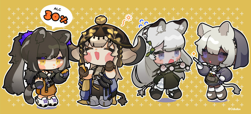 4girls ^_^ absurdres alcohol animal_ears arknights black_dress black_gloves black_headwear black_pants blush_stickers brown_hair can chibi closed_eyes cow_ears cow_tail daba_(0dbdbx) dark-skinned_female dark_skin dress garter_straps gloves grey_footwear happy hat heavyrain_(arknights) heavyrain_(tranquil_moss)_(arknights) highres holding holding_can holding_syringe long_hair multiple_girls nervous_sweating no_(gesture) official_alternate_costume open_mouth orange_dress pallas_(arknights) pallas_(heritage)_(arknights) pants pantyhose ponytail raccoon_ears raccoon_girl raccoon_tail robin_(arknights) robin_(gift_of_wild)_(arknights) shoes simple_background sweat syringe tail thigh-highs tuye_(arknights) tuye_(cultivate_vegetation)_(arknights) twitter_username very_long_hair violet_eyes white_footwear white_gloves white_hair white_pantyhose white_thighhighs yellow_background yellow_eyes