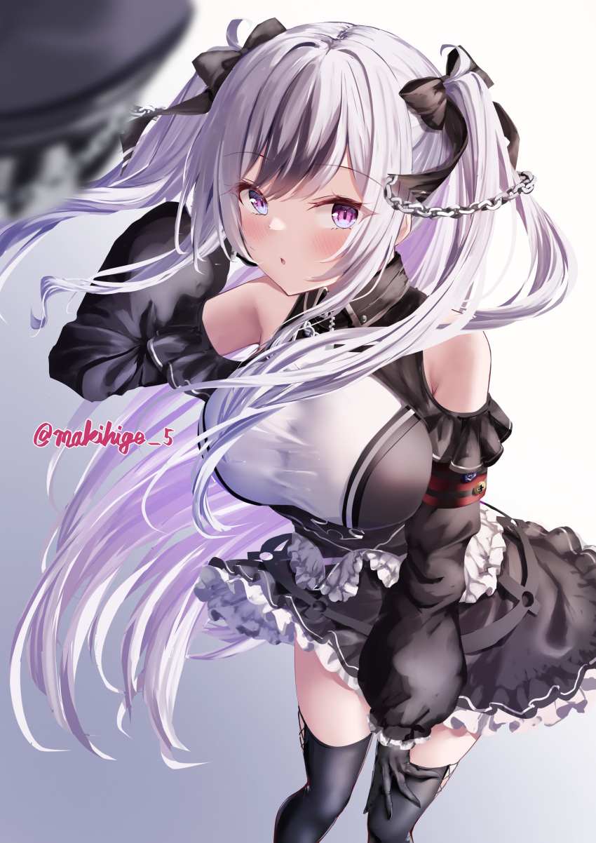 1girl absurdres armband azur_lane black_corset black_dress black_gloves black_headwear breasts clothing_cutout corset cowboy_shot cross dress elbe_(azur_lane) frilled_dress frills gloves grey_background hair_ribbon hat highres iron_cross large_breasts layered_dress leotard long_hair looking_at_viewer makihige multicolored_hair open_mouth peaked_cap red_armband ribbon shoulder_cutout solo streaked_hair thigh-highs underboob_cutout unworn_hat unworn_headwear very_long_hair violet_eyes white_hair white_leotard