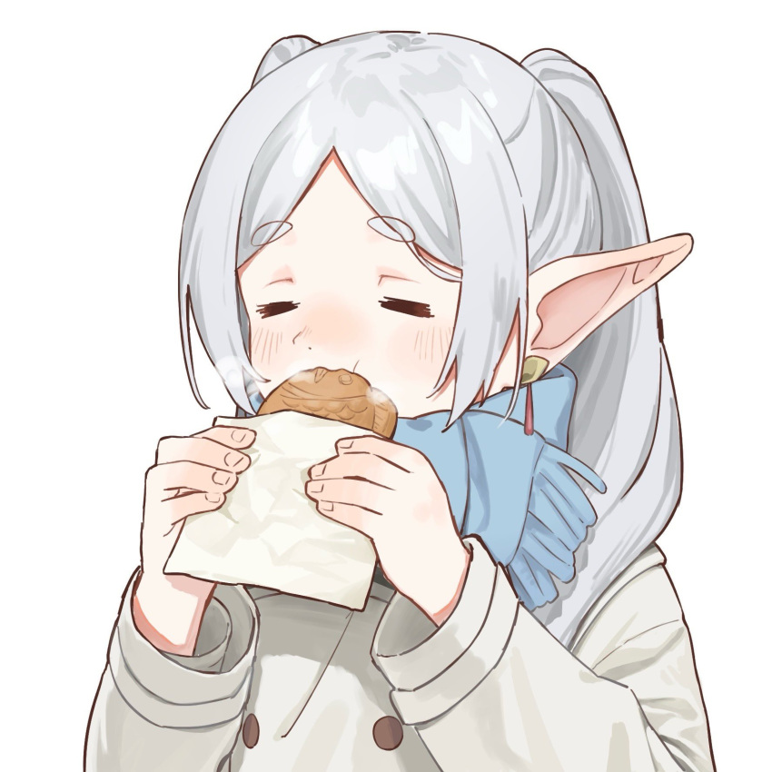 1girl :t =_= bag biting blush buttons closed_eyes coat double-breasted earrings eating elf facing_viewer food food_in_mouth frieren grey_coat grey_hair hair_over_shoulder hands_up happy highres holding holding_food jewelry long_hair long_sleeves nem_rui paper_bag parted_bangs pointy_ears simple_background solo sousou_no_frieren steam taiyaki twintails wagashi white_background winter_clothes