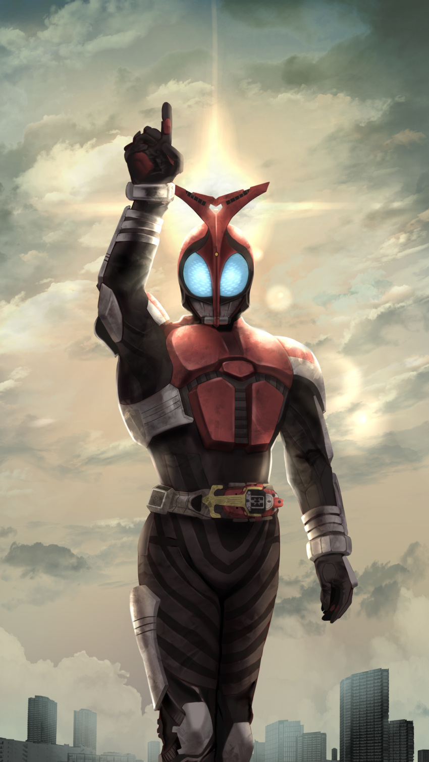 1boy arm_up armor blue_eyes blurry bokeh breastplate building clouds cloudy_sky compound_eyes depth_of_field facing_viewer feet_out_of_frame glowing glowing_eyes highres horns kabuto_zecter kamen_rider kamen_rider_kabuto kamen_rider_kabuto_(series) knee_pads light_rays male_focus mask outdoors pointing pointing_up red_armor red_horns rider_belt shoulder_armor sky solo standing sun sunbeam sunlight tokusatsu tsubasansan upper_body