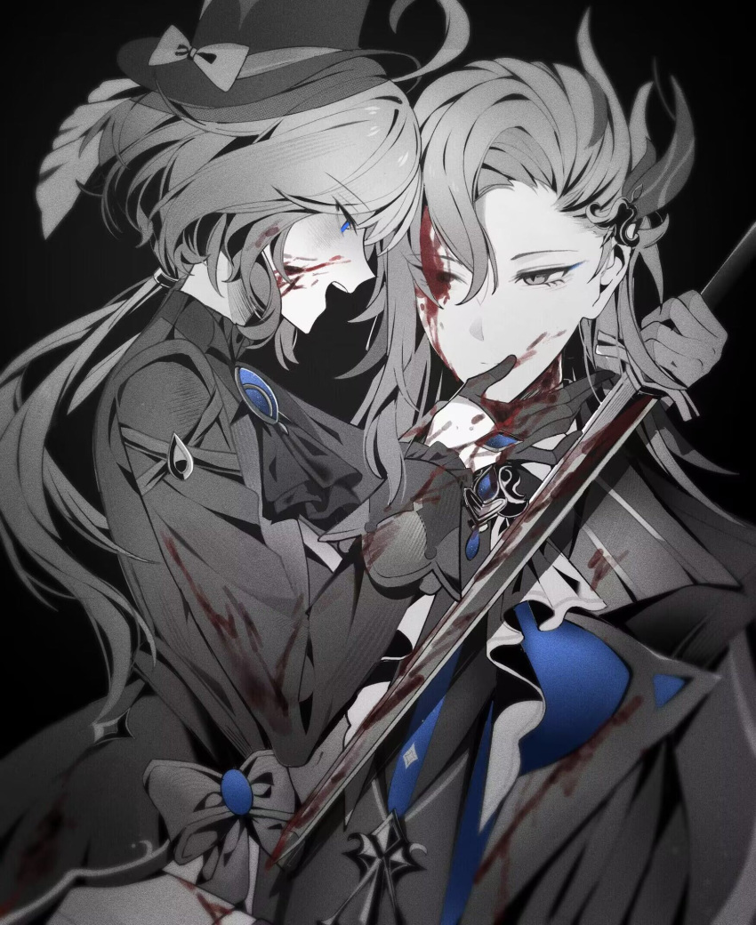 1boy 1girl ahoge ascot black_background blood blood_on_clothes blood_on_face blood_on_hands blue_brooch closed_mouth feather_hair_ornament feathers furina_(genshin_impact) genshin_impact greyscale hair_ornament hand_on_another's_face hat highres holding holding_sword holding_weapon jacket long_hair monochrome neuvillette_(genshin_impact) open_mouth serious sidelocks simple_background smile sword teeth top_hat upper_body upper_teeth_only weapon xu_(anniechika)