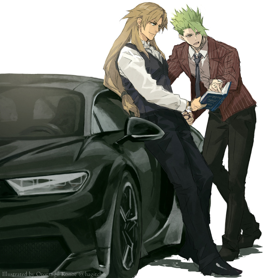 2boys achilles_(fate) black_car black_pants black_vest book brown_hair bugatti_chiron car chiron_(fate) collared_shirt curtained_hair dress_shirt dress_shoes fate/apocrypha fate_(series) green_hair jacket konoe_ototsugu long_hair long_sleeves low-tied_long_hair motor_vehicle multiple_boys necktie pants pointing shirt sports_car striped striped_jacket teacher_and_student vertical-striped_jacket vertical_stripes vest watch watch white_shirt