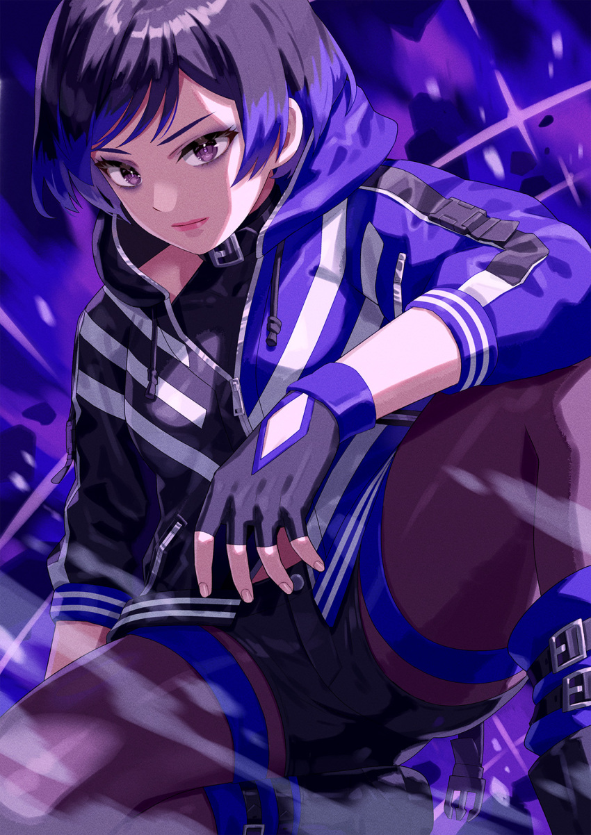 1girl ankle_boots black_footwear black_gloves black_hair black_shorts boots brown_pantyhose commentary eyeshadow feet_out_of_frame fingerless_gloves gloves highres jacket kneeling looking_at_viewer makeup multicolored_hair namco pantyhose pink_lips purple_eyeshadow purple_hair purple_jacket reina_(tekken) short_hair shorts solo tekken tekken_8 two-tone_hair violet_eyes yagi2013