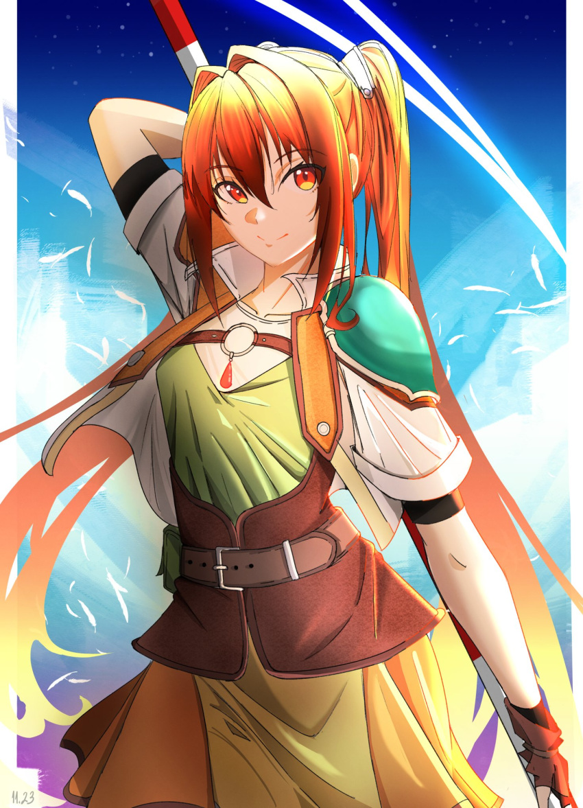 1girl antenna_hair armor artist_name belt blue_sky breasts buckle double-parted_bangs eiyuu_densetsu estelle_bright fingerless_gloves gloves hair_between_eyes highres holding holding_staff holding_weapon jewelry long_hair looking_at_viewer necklace nyuusai polearm red_eyes short_sleeves shoulder_guard sky small_breasts smile solo sora_no_kiseki staff twintails weapon