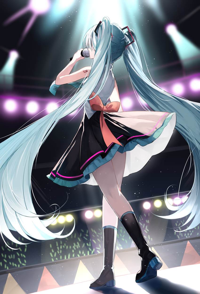 1girl absurdres bare_arms bare_shoulders black_footwear black_skirt blue_hair boots bow commentary_request facing_away glowstick hatsune_miku high_heel_boots high_heels highres holding holding_microphone lisu long_hair microphone pleated_skirt red_bow shirt shoe_soles skirt sleeveless sleeveless_shirt solo spotlight standing twintails very_long_hair vocaloid white_shirt