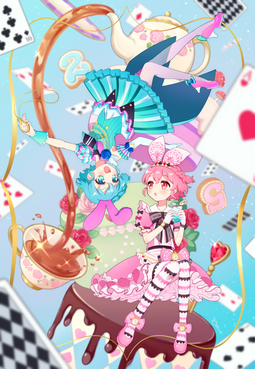 1boy 1girl absurdres aiguillette alice_(alice_in_wonderland) alice_(alice_in_wonderland)_(cosplay) alice_in_wonderland animal_ears black_bow blue_dress blue_eyes blue_gloves blue_hair blush bottle bow braid brother_and_sister card center_frills club_(shape) collared_dress commentary_request cosplay crossdressing cup diamond_(shape) dorothy_west dress eye_contact fishnet_pantyhose fishnets floating floating_card flower frilled_dress frills full_body gloves hairband hands_up heart heart_print high_heels highres holding holding_bottle idol_clothes looking_at_another mole mole_under_eye momokan_(mmkn100) open_mouth otoko_no_ko pantyhose pink_dress pink_eyes pink_footwear pink_hair playing_card pocket_watch potion pretty_(series) pripara puffy_short_sleeves puffy_sleeves rabbit_ears red_flower red_rose reona_west rose rotational_symmetry shoes short_hair short_sleeves siblings side_braid smile spade_(shape) spill tea teacup teapot twins upside-down watch white_hairband white_pantyhose white_rabbit_(alice_in_wonderland) white_rabbit_(alice_in_wonderland)_(cosplay) wrist_bow wrist_cuffs