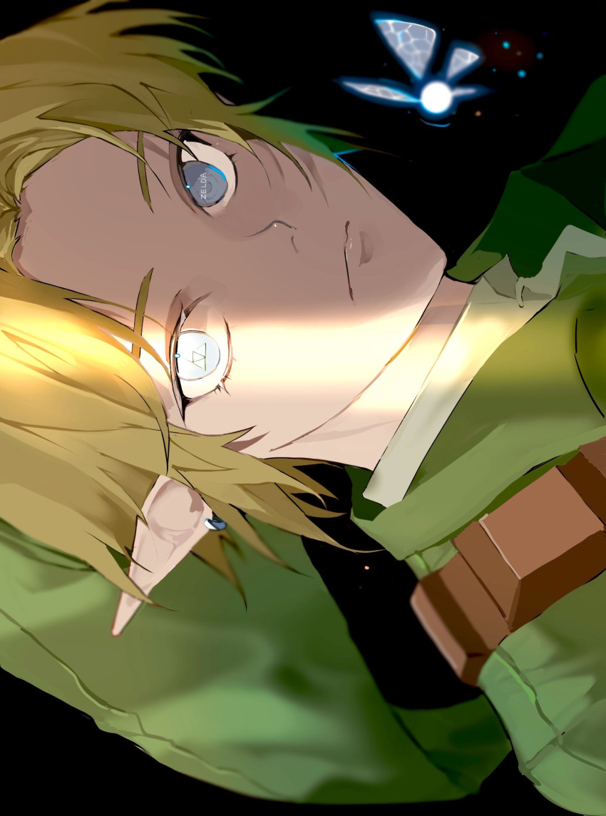 1boy black_background blonde_hair close-up closed_mouth earrings eye_reflection fairy green_headwear green_tunic grey_eyes highres jewelry light_rays link looking_at_viewer male_focus omg_x_xww2 pointy_ears pointy_hat portrait reflection solo the_legend_of_zelda tunic