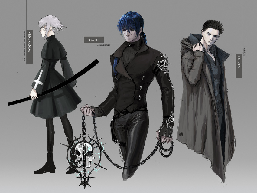 1girl 2boys absurdres aidonotknow arm_at_side arms_at_sides ball_and_chain_(weapon) belt black_capelet black_dress black_footwear black_jacket black_pants black_pantyhose black_sweater capelet chain character_name coat cropped_legs cross_print crossover dress english_commentary gothic grey_background grey_coat grey_hair grey_hoodie hair_over_eyes hair_over_shoulder hand_up highres holding holding_chain holding_sword holding_weapon hood hooded_coat hoodie jacket kekkai_sensen legato_bluesummers long_hair long_sleeves looking_ahead looking_at_another looking_at_viewer looking_to_the_side low_ponytail millions_knives mole mole_under_eye multiple_boys pants pantyhose ponytail ribbed_sweater sheath sheathed shoes short_hair skull sweater sword thigh_belt thigh_strap trigun twitter_username veneranda weapon wide_sleeves