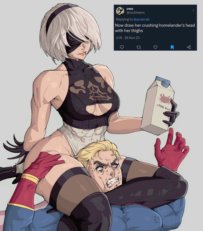 1girl 2b_(nier:automata) black_blindfold black_gloves blindfold blonde_hair blue_eyes blue_jumpsuit comedy gloves grey_background highres homelander jumpsuit muscular muscular_female muscular_male nier:automata nier_(series) red_gloves scissorhold sweatdrop the_boys thick_thighs thighs twitter white_hair yoracrab