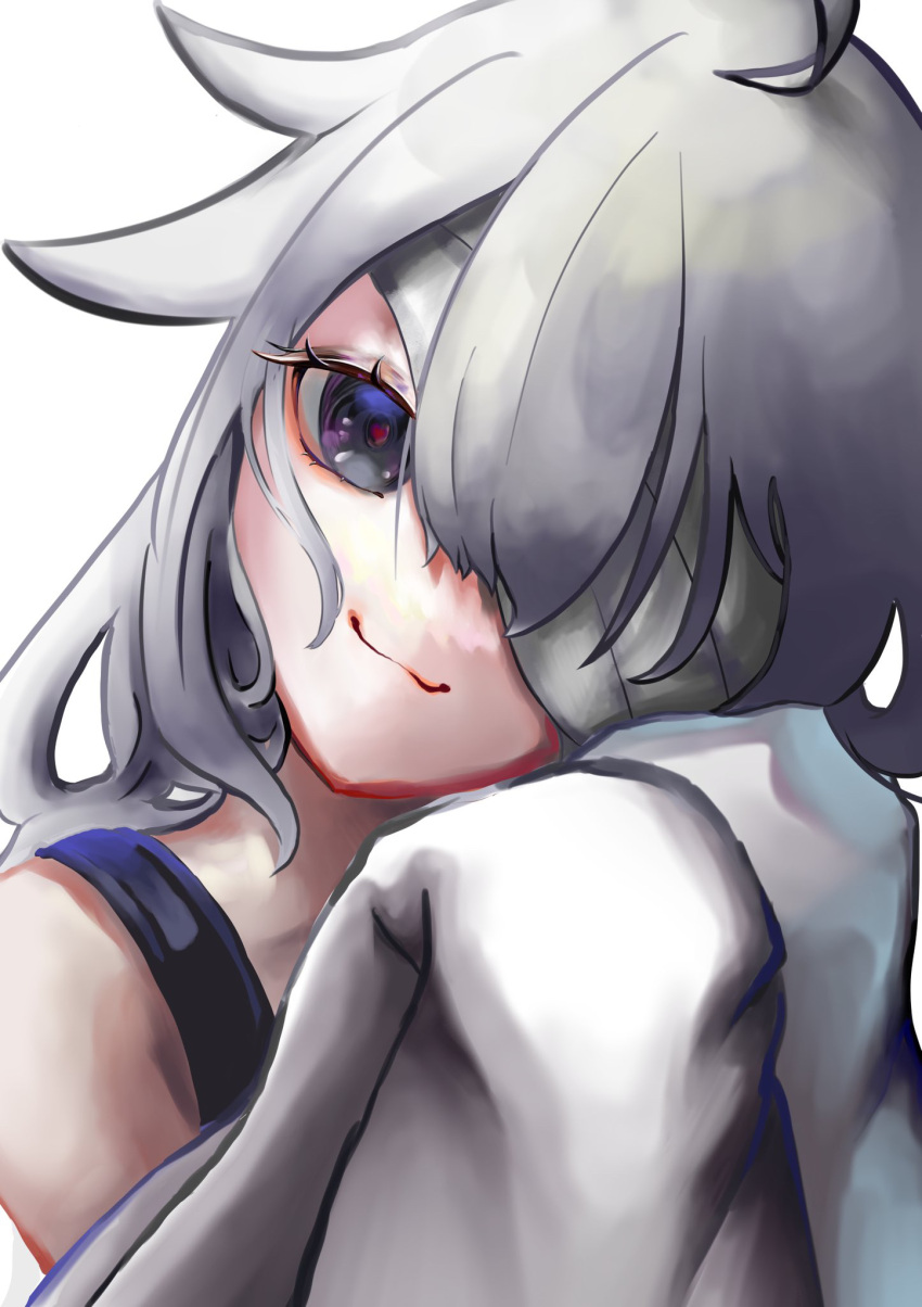 1girl ahoge amehachi88 bandage_over_one_eye closed_mouth grey_eyes grey_hair hair_between_eyes hair_flaps highres long_hair no.21:_xxi_(punishing:_gray_raven) no.21_(punishing:_gray_raven) punishing:_gray_raven red_pupils sleeves_past_fingers sleeves_past_wrists smug solo suspenders white_background white_sleeves