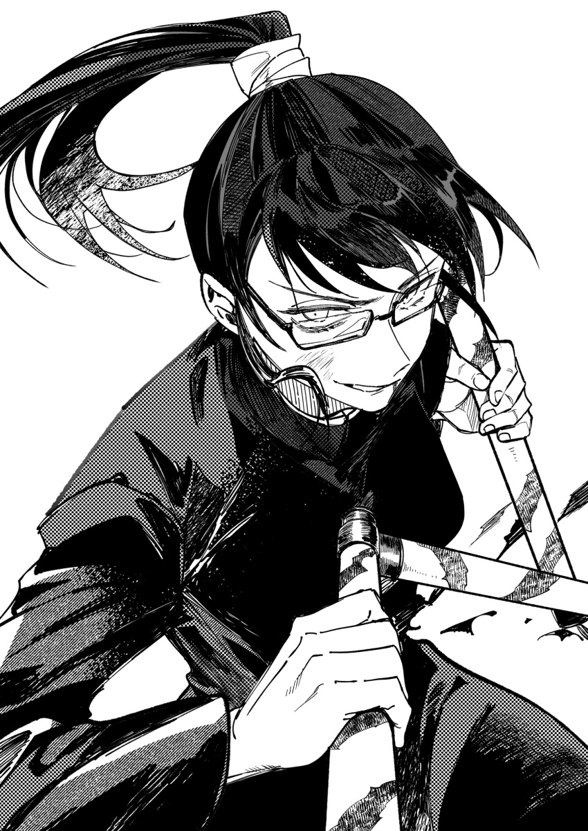 1girl cowboy_shot fighting_stance glasses greyscale highres holding holding_staff holding_weapon jacket jujutsu_kaisen jujutsu_tech_uniform long_hair long_sleeves looking_at_viewer monochrome ponytail s_o_i school_uniform smile solo staff standing three_section_staff v-shaped_eyebrows weapon zen'in_maki