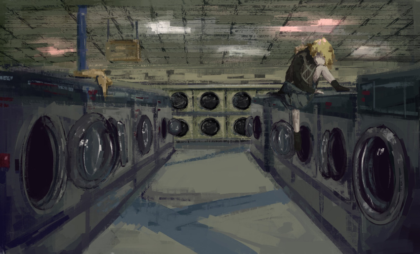 1girl black_socks blonde_hair ceiling_light clothes_dryer faceless faceless_female grey_skirt highres indoors knee_up kneehighs laundromat leaning_forward long_sleeves no_shoes perspective pleated_skirt short_hair sign sitting skirt socks solo sweater sweather20 urotsuki washing wide_shot yume_2kki