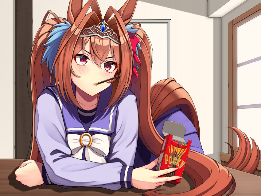 1girl absurdres animal_ears arm_support bent_over blush brown_hair commentary_request daiwa_scarlet_(umamusume) double-parted_bangs fingernails food food_in_mouth hair_between_eyes hair_intakes hair_ornament highres horse_ears horse_girl horse_tail indoors long_hair long_sleeves looking_up mouth_hold pocky pocky_in_mouth red_eyes school_uniform shirt skirt solo table tail tiara tracen_school_uniform tussy twintails umamusume v-shaped_eyebrows very_long_hair window