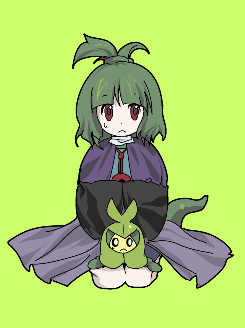 1other adagumo_no_saragimaru black_shirt black_sleeves blue_shorts blue_vest capelet character_request closed_mouth collared_capelet commentary creature_on_lap crossover frown full_body green_background green_hair hair_ornament high_ponytail highres japanese_clothes kneeling kysk_maki len'en long_sleeves looking_to_the_side medium_hair pokemon pokemon_(creature) purple_capelet red_eyes shirt short_ponytail shorts simple_background sleeves_past_fingers sleeves_past_wrists snake_hair_ornament snake_tail split_ponytail straight-on sweatdrop tail vest white_capelet wide_sleeves