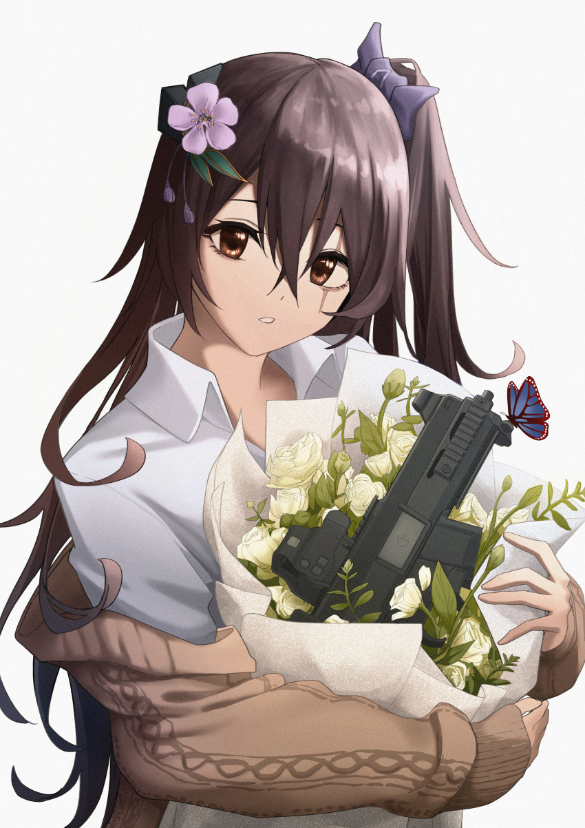 1girl absurdres alter_sang blue_butterfly bouquet brown_cardigan brown_eyes brown_hair bug butterfly cardigan collared_shirt flower girls_frontline gun hair_between_eyes hair_flower hair_ornament highres holding holding_bouquet looking_at_viewer off_shoulder open_cardigan open_clothes parted_lips pink_flower scar scar_across_eye shirt side_ponytail simple_background solo ump45_(girls'_frontline) upper_body weapon white_background white_flower white_shirt