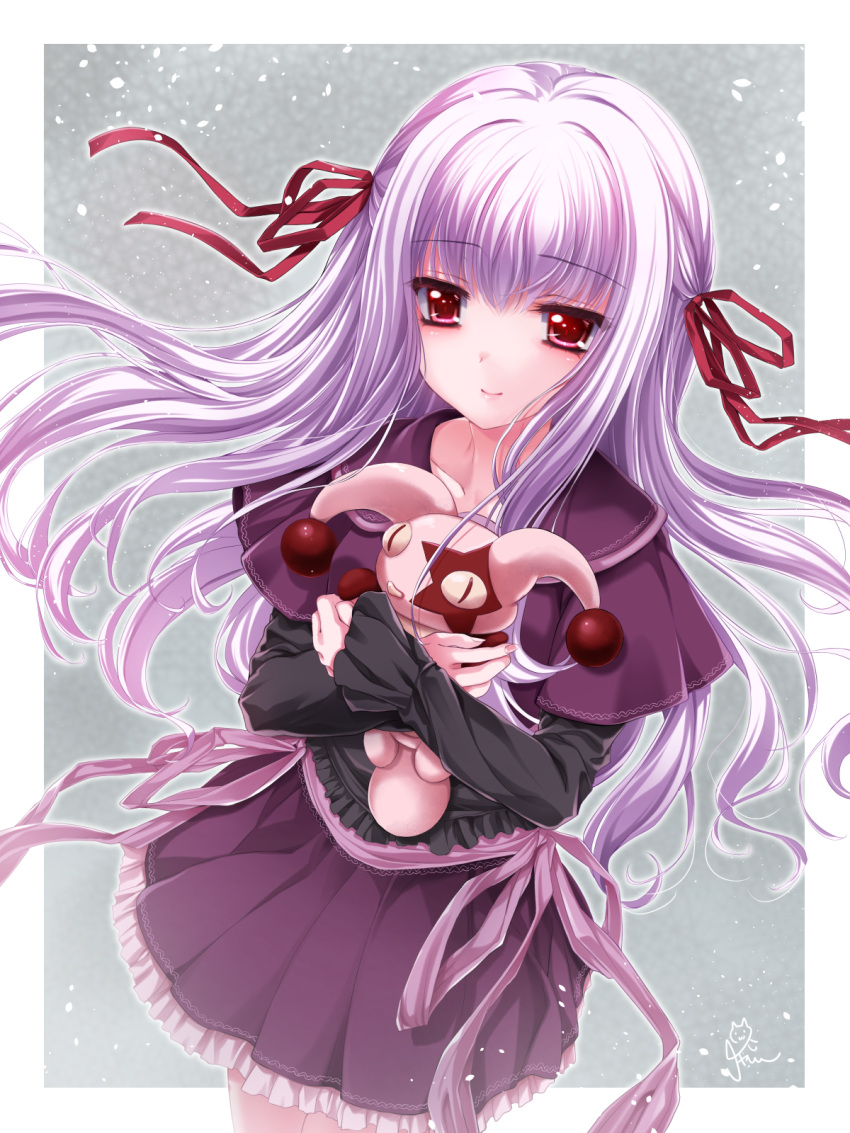 1girl black_shirt blush capelet chaamii closed_mouth commentary_request cowboy_shot frilled_shirt frilled_skirt frills gore_screaming_show hair_ribbon highres holding holding_stuffed_toy long_hair long_sleeves looking_at_viewer medium_bangs purple_capelet purple_hair red_eyes red_ribbon ribbon shirt sidelocks signature skirt sleeves_past_wrists smile solo stuffed_toy wind yuka_(gore_screaming_show)