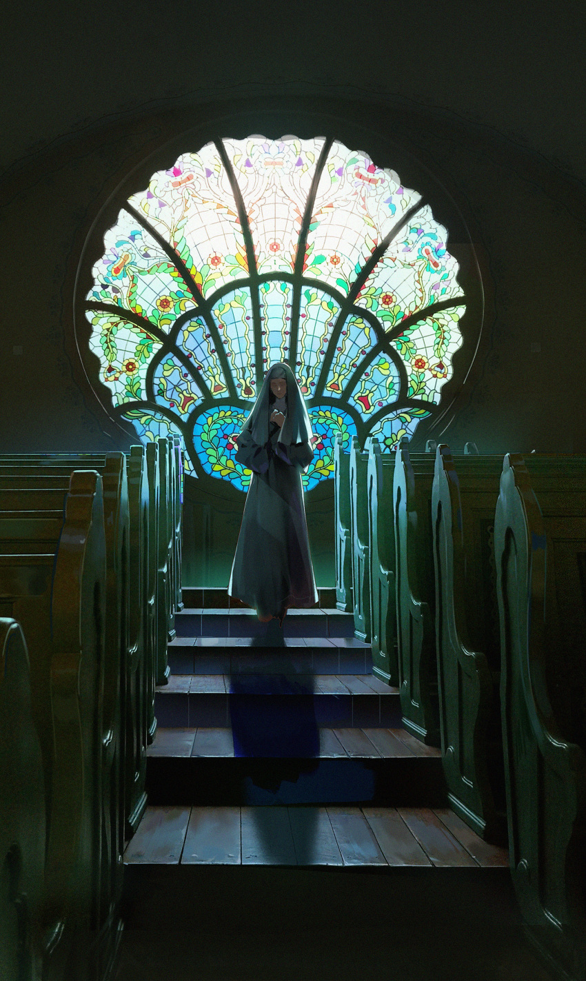 1girl absurdres backlighting bench black_dress black_vest dress facing_viewer habit hands_up highres indoors long_dress long_sleeves no_eyes nun original own_hands_together praying scenery shadow solo stained_glass stairs standing traditional_nun veil vest wide_shot wuya_(zhalv)