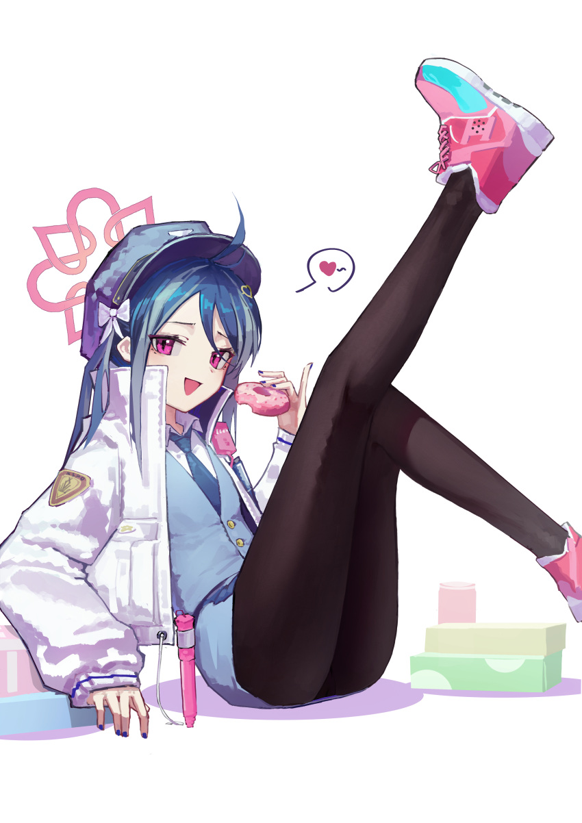 1girl absurdres antenna_hair black_pantyhose blue_archive blue_hair blue_headwear blue_necktie blue_skirt blue_vest doughnut food fubuki_(blue_archive) grey_hair halo hat heart highres holding holding_food jacket long_hair long_sleeves multicolored_hair necktie nian962464 open_clothes open_jacket pantyhose pink_footwear pink_halo red_eyes shoes simple_background skirt solo spoken_heart twintails vest white_background white_jacket