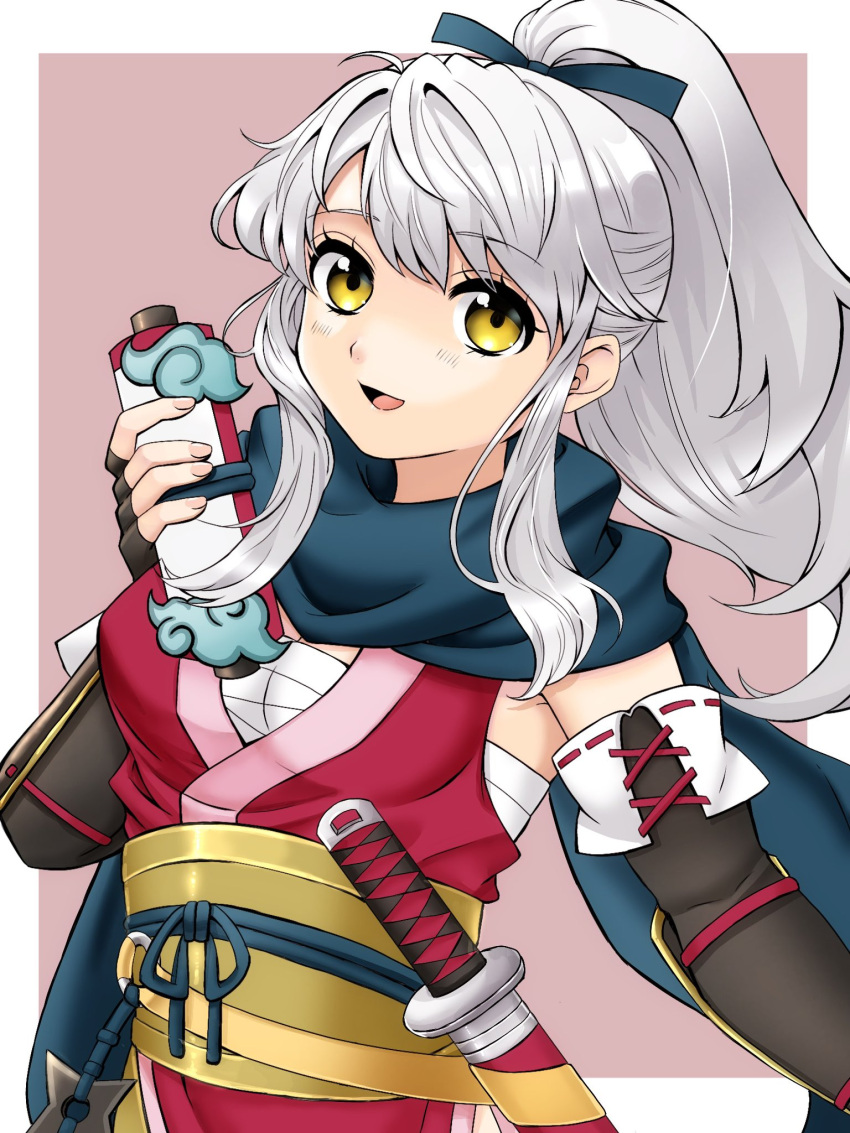 1girl :d black_gloves blue_scarf chest_sarashi commentary fingerless_gloves fire_emblem fire_emblem:_radiant_dawn fire_emblem_heroes gau_fe gloves grey_hair hair_ribbon highres holding holding_scroll japanese_clothes long_hair long_scarf looking_at_viewer micaiah_(fire_emblem) micaiah_(ninja)_(fire_emblem) ninja official_alternate_costume official_alternate_hairstyle open_mouth ponytail ribbon sarashi scarf scroll sheath sheathed simple_background smile solo upper_body yellow_eyes