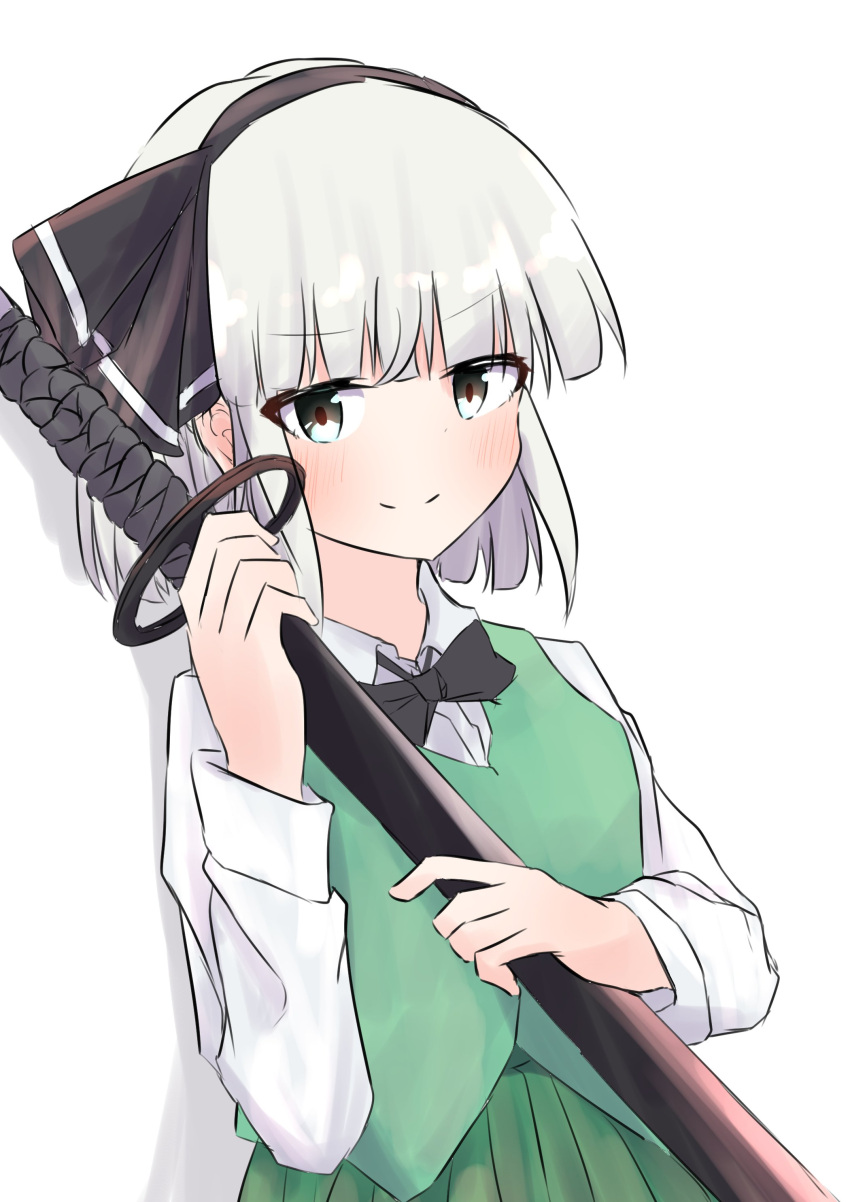 1girl absurdres black_bow black_bowtie black_hairband black_ribbon blunt_bangs blunt_ends blush bob_cut bow bowtie closed_mouth collared_shirt eyes_visible_through_hair green_skirt green_vest grey_eyes grey_hair hair_ribbon hairband hands_up highres holding holding_sword holding_weapon katana konpaku_youmu long_sleeves looking_at_viewer one-hour_drawing_challenge pleated_skirt refuson_man ribbon scabbard shadow sheath sheathed shirt short_hair simple_background sketch skirt smile solo split_mouth sword touhou traditional_bowtie upper_body vest weapon white_background white_shirt