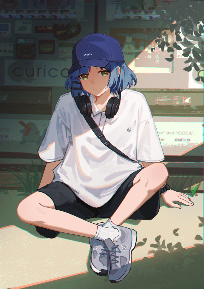 1girl absurdres alternate_costume arms_at_sides black_shorts blue_hair blue_headwear bocchi_the_rock! casual closed_mouth commentary day english_commentary expressionless full_body grey_footwear hair_ornament hairclip hat headphones headphones_around_neck highres indian_style jl_tan looking_at_viewer mole mole_under_eye outdoors peaked_cap shirt shoes short_hair shorts sidelighting sitting sneakers solo watch watch white_shirt yamada_ryo yellow_eyes